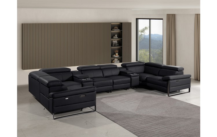 1246 - DivanItalia Black 8-Piece U-Shaped Modular Power Reclining Sectional with 2 Power Recliners and Power Headrests - Top Grain Italian Leather