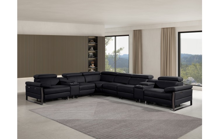 1246 - DivanItalia Black 8-Piece L-Shaped Modular Power Reclining Sectional with 4 Power Recliners and Power Headrests - Top Grain Italian Leather