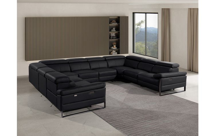 1246 - DivanItalia Black 8-Piece U-Shaped Modular Power Reclining Sectional with 4 Power Recliners and Power Headrests - No Console - Top Grain Italian Leather
