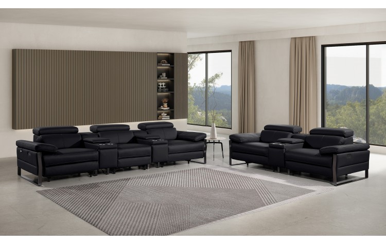 1246 - DivanItalia Black Modular Power Reclining Dual Console Sofa and Console Loveseat Set with Power Headrests - Top Grain Italian Leather