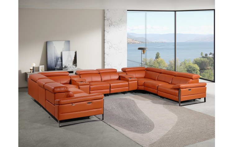 1246 - DivanItalia Camel 10-Piece U-Shaped Modular Power Reclining Sectional with 4 Power Recliners and Power Headrests - Top Grain Italian Leather