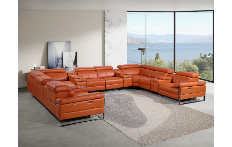 1246 - DivanItalia Camel 12-Piece U-Shaped Modular Power Reclining Sectional with 4 Power Recliners and Power Headrests - Top Grain Italian Leather