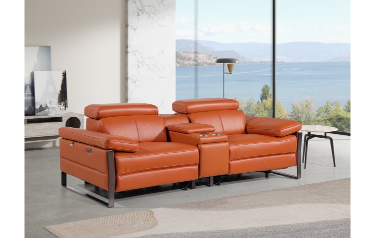 1246 - DivanItalia Camel Top Grain Italian Leather Console Loveseat with Power Headrest