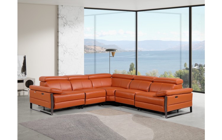 1246 - DivanItalia Camel 5-Piece L-Shaped Modular Power Reclining Sectional with Power Headrests - Top Grain Italian Leather