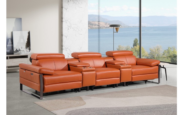 1246 - DivanItalia Camel Modular Power Triple Reclining Dual Console Sofa with Power Reclining Headrests - Top Grain Italian Leather
