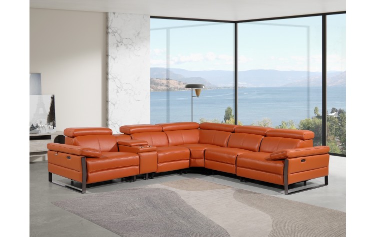 1246 - DivanItalia Camel 6-Piece L-Shaped Modular Power Reclining Sectional with 3 Power Recliners and Power Headrests - Top Grain Italian Leather