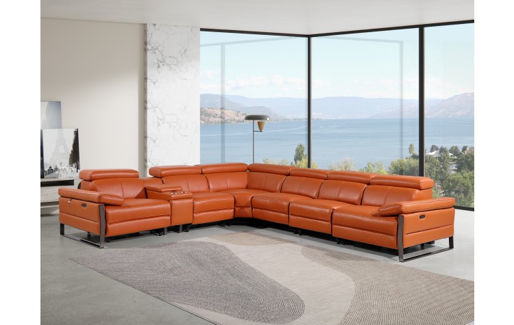 1246 - DivanItalia Camel 7-Piece L-Shaped Modular Power Reclining Sectional with 4 Power Recliners and Power Headrests - Top Grain Italian Leather
