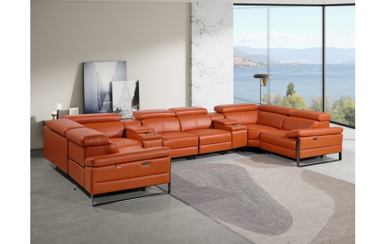 1246 - DivanItalia Camel 8-Piece U-Shaped Modular Power Reclining Sectional with 2 Power Recliners and Power Headrests - Top Grain Italian Leather