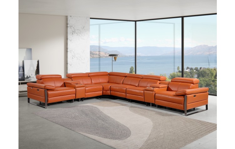 1246 - DivanItalia Camel 8-Piece L-Shaped Modular Power Reclining Sectional with 3 Power Recliners and Power Headrests - Top Grain Italian Leather