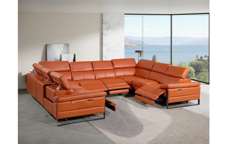 1246 - DivanItalia Camel 8-Piece U-Shaped Modular Power Reclining Sectional with 4 Power Recliners and Power Headrests - No Console - Top Grain Italian Leather