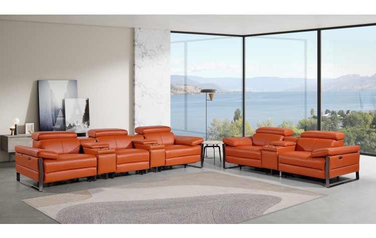 1246 - DivanItalia Camel Modular Power Reclining Dual Console Sofa and Console Loveseat Set with Power Headrests - Top Grain Italian Leather