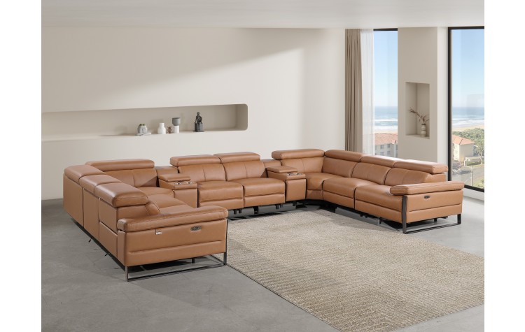 1246 - DivanItalia Cognac 10-Piece U-Shaped Modular Power Reclining Sectional with 4 Power Recliners and Power Headrests - Top Grain Italian Leather