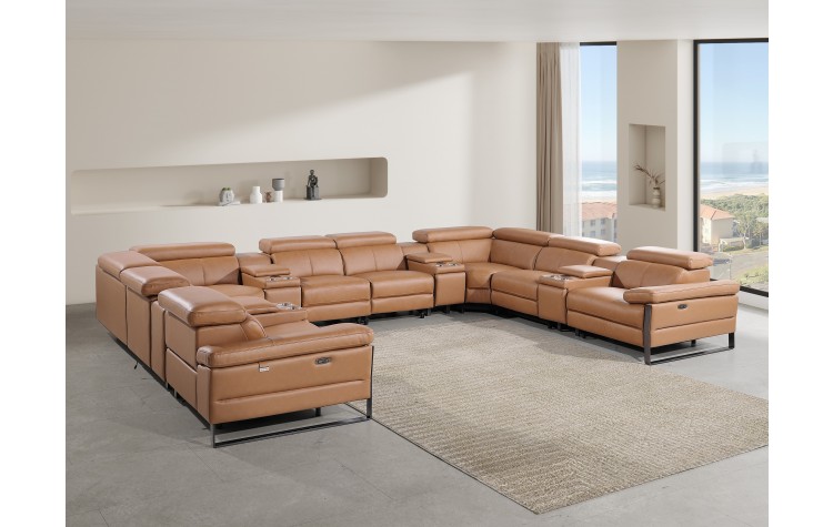 1246 - DivanItalia Cognac 12-Piece U-Shaped Modular Power Reclining Sectional with 4 Power Recliners and Power Headrests - Top Grain Italian Leather
