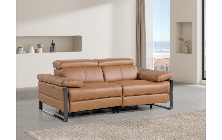 1246 - DivanItalia Cognac Top Grain Italian Leather Loveseat with Power Headrest