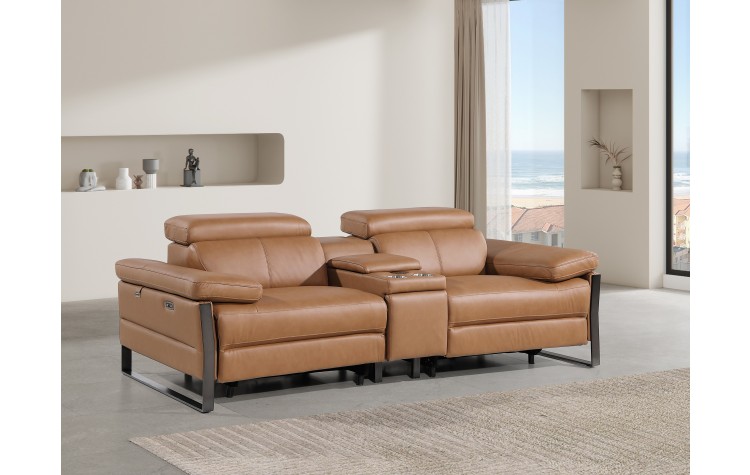 1246 - DivanItalia Cognac Top Grain Italian Leather Console Loveseat with Power Headrest