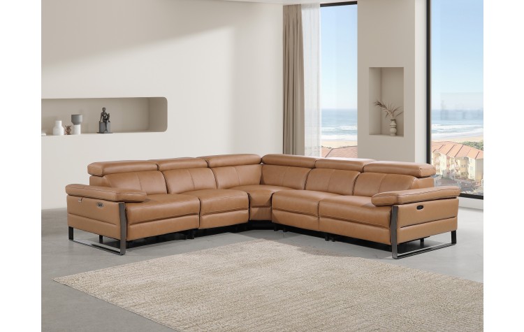 1246 - DivanItalia Cognac 5-Piece L-Shaped Modular Power Reclining Sectional with Power Headrests - Top Grain Italian Leather