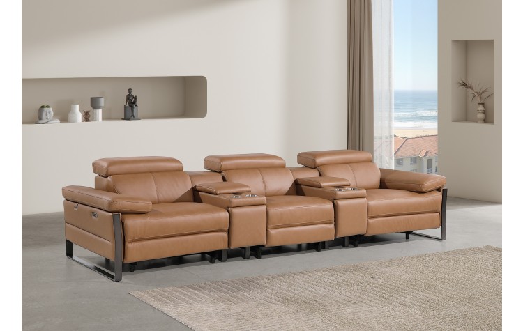 1246 - DivanItalia Cognac Modular Power Triple Reclining Dual Console Sofa with Power Reclining Headrests - Top Grain Italian Leather