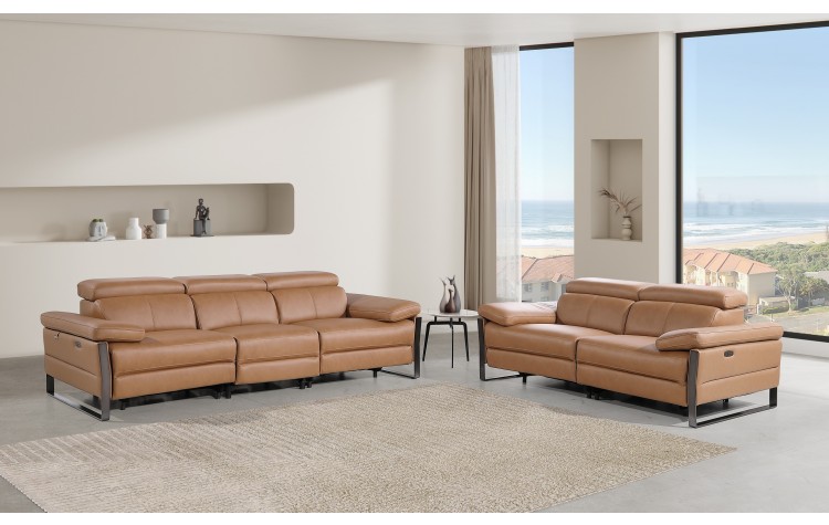 1246 - DivanItalia Cognac Modular Power Dual Reclining Sofa and Loveseat Set with Power Headrests - Top Grain Italian Leather