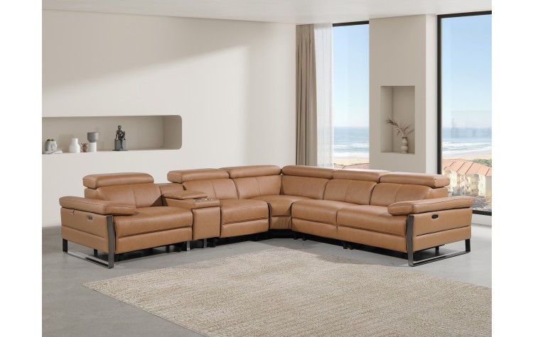 1246 - DivanItalia Cognac 6-Piece L-Shaped Modular Power Reclining Sectional with 3 Power Recliners and Power Headrests - Top Grain Italian Leather