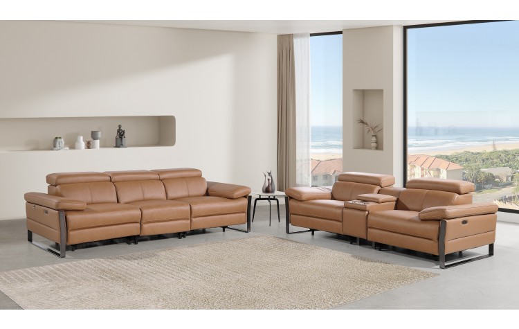 1246 - DivanItalia Cognac Modular Power Triple Reclining Sofa and Console Loveseat Set with Power Headrests - Top Grain Italian Leather