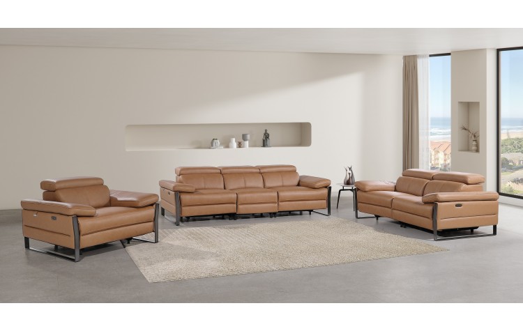 1246 - DivanItalia Cognac Modular Power Dual Reclining Sofa, Loveseat, and Chair Set with Power Headrests - Top Grain Italian Leather