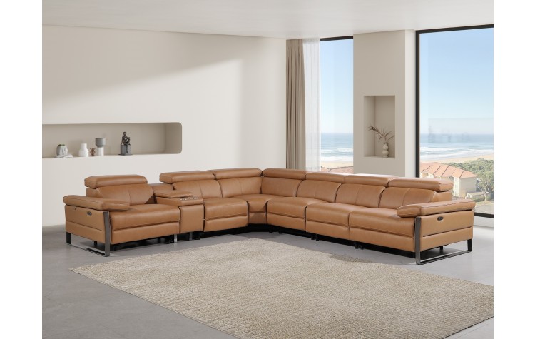 1246 - DivanItalia Cognac 7-Piece L-Shaped Modular Power Reclining Sectional with 3 Power Recliners and Power Headrests - Top Grain Italian Leather