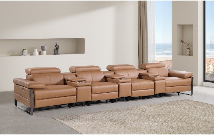 1246 - DivanItalia Cognac Modular Power Triple Reclining Triple Console Sofa with Power Reclining Headrests - Top Grain Italian Leather