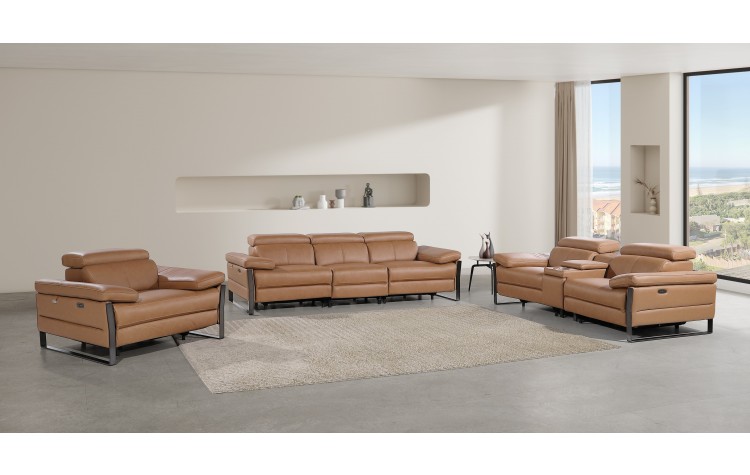 1246 - DivanItalia Cognac Modular Power Dual Reclining Sofa, Console Loveseat, and Chair Set with Power Headrests - Top Grain Italian Leather