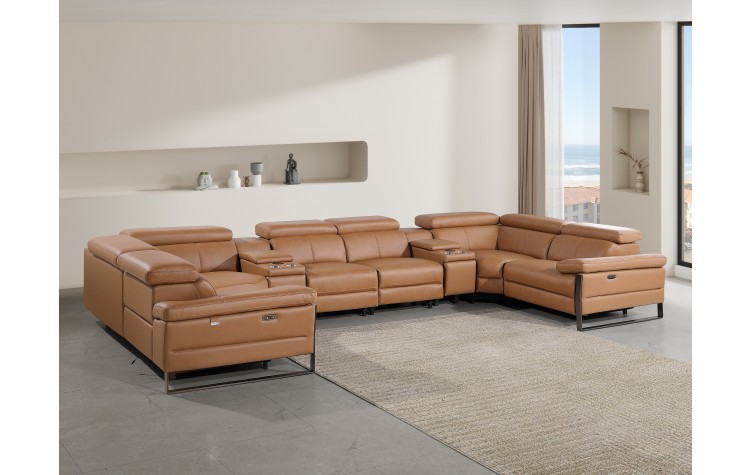 1246 - DivanItalia Cognac 8-Piece U-Shaped Modular Power Reclining Sectional with 2 Power Recliners and Power Headrests - Top Grain Italian Leather