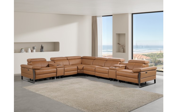 1246 - DivanItalia Cognac 8-Piece L-Shaped Modular Power Reclining Sectional with 4 Power Recliners and Power Headrests - Top Grain Italian Leather