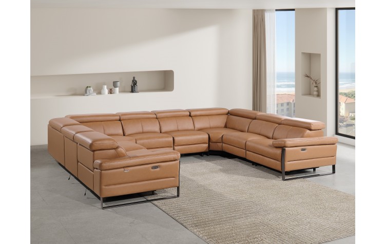 1246 - DivanItalia Cognac 8-Piece U-Shaped Modular Power Reclining Sectional with 4 Power Recliners and Power Headrests - No Console - Top Grain Italian Leather