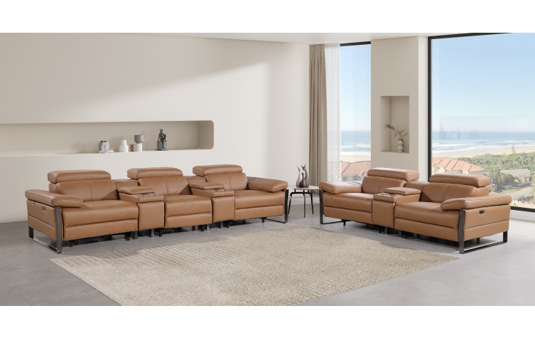 1246 - DivanItalia Cognac Modular Power Reclining Dual Console Sofa and Console Loveseat Set with Power Headrests - Top Grain Italian Leather