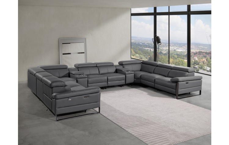 1246 - DivanItalia Dark Grey 10-Piece U-Shaped Modular Power Reclining Sectional with 4 Power Recliners and Power Headrests - Top Grain Italian Leather