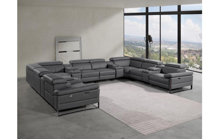 1246 - DivanItalia Dark Grey 12-Piece U-Shaped Modular Power Reclining Sectional with 4 Power Recliners and Power Headrests - Top Grain Italian Leather