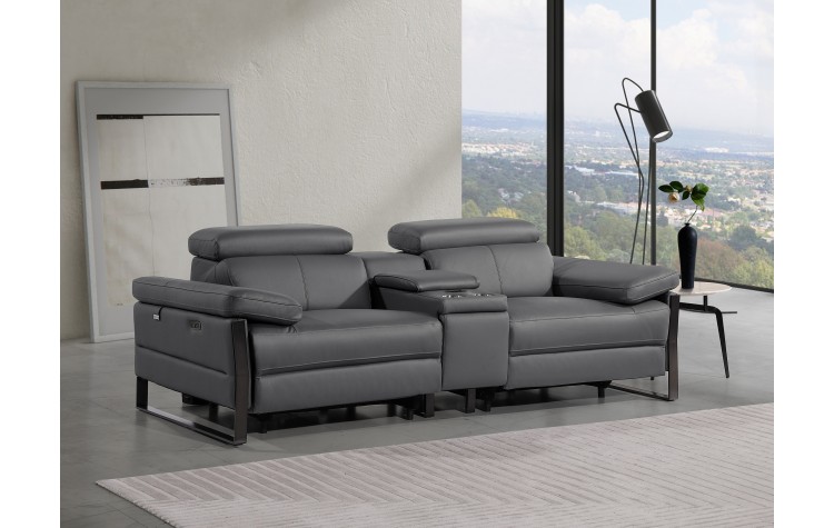 1246 - DivanItalia Dark Grey Top Grain Italian Leather Console Loveseat with Power Headrest