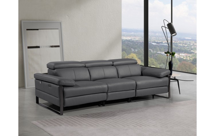 1246 - DivanItalia Dark Grey Modular Power Triple Reclining Sofa with Power Reclining Headrests - Top Grain Italian Leather