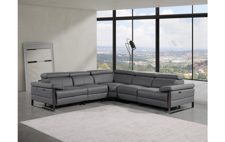 1246 - DivanItalia Dark Grey 5-Piece L-Shaped Modular Power Reclining Sectional with Power Headrests - Top Grain Italian Leather
