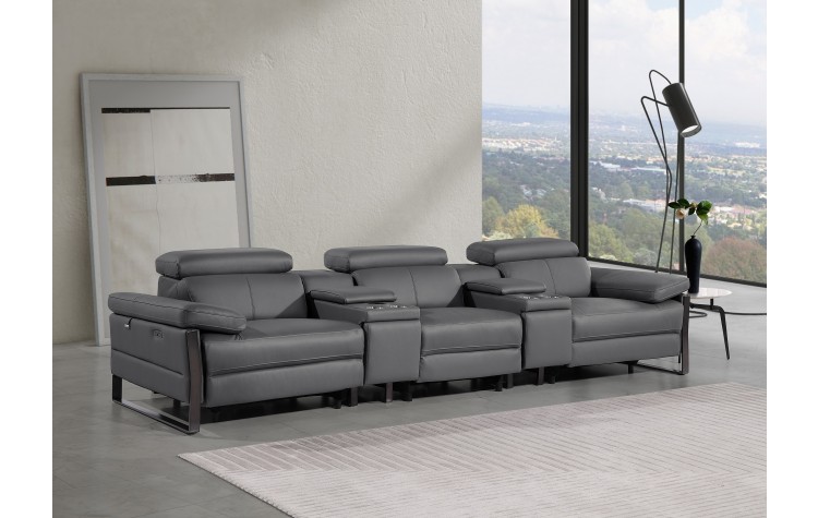 1246 - DivanItalia Dark Grey Modular Power Triple Reclining Dual Console Sofa with Power Reclining Headrests - Top Grain Italian Leather
