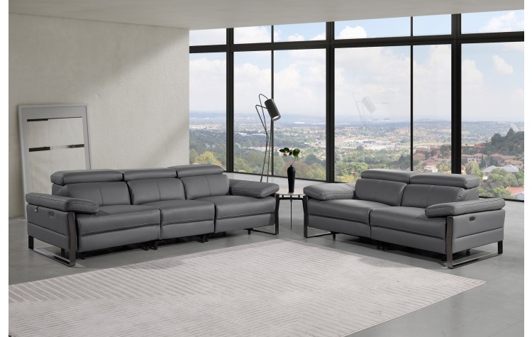 1246 - DivanItalia Dark Grey Modular Power Dual Reclining Sofa and Loveseat Set with Power Headrests - Top Grain Italian Leather