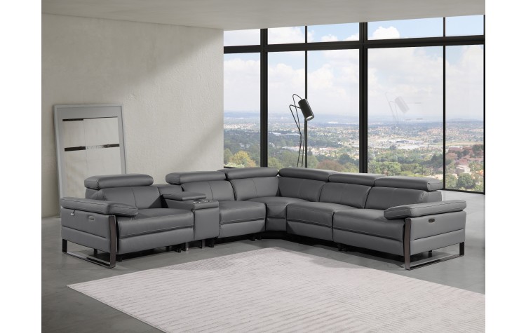 1246 - DivanItalia Dark Grey 6-Piece L-Shaped Modular Power Reclining Sectional with 3 Power Recliners and Power Headrests - Top Grain Italian Leather