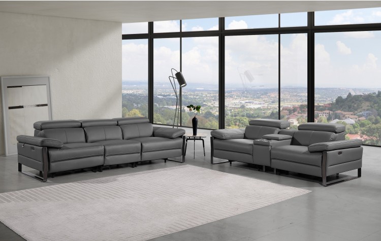 1246 - DivanItalia Dark Grey Modular Power Triple Reclining Sofa and Console Loveseat Set with Power Headrests - Top Grain Italian Leather