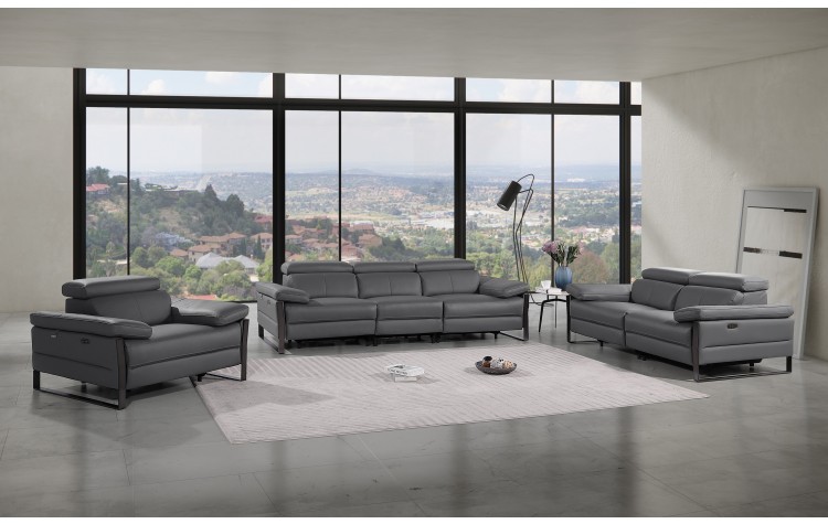 1246 - DivanItalia Dark Grey Modular Power Triple Reclining Sofa, Loveseat, and Chair Set with Power Headrests - Top Grain Italian Leather