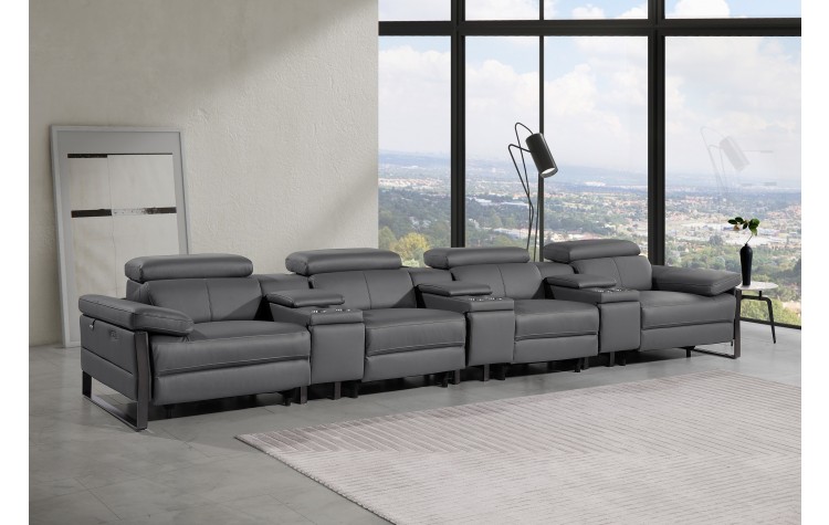 1246 - DivanItalia Dark Grey Modular Power Triple Reclining Triple Console Sofa with Power Reclining Headrests - Top Grain Italian Leather