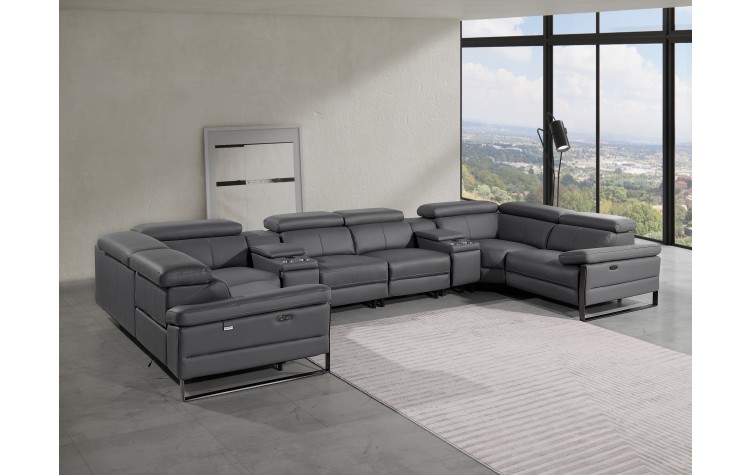 1246 - DivanItalia Dark Grey 8-Piece U-Shaped Modular Power Reclining Sectional with 2 Power Recliners and Power Headrests - Top Grain Italian Leather