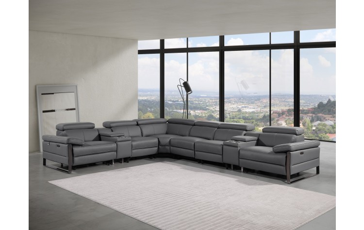 1246 - DivanItalia Dark Grey 8-Piece L-Shaped Modular Power Reclining Sectional with 3 Power Recliners and Power Headrests - Top Grain Italian Leather