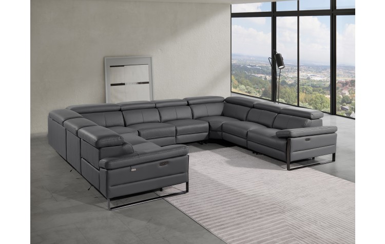 1246 - DivanItalia Dark Grey 8-Piece U-Shaped Modular Power Reclining Sectional with 4 Power Recliners and Power Headrests - No Console - Top Grain Italian Leather