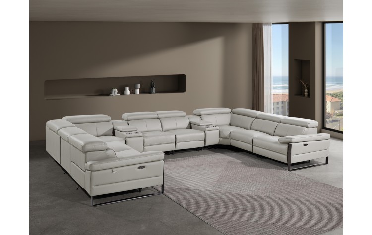 1246 - DivanItalia Light Grey 10-Piece U-Shaped Modular Power Reclining Sectional with 4 Power Recliners and Power Headrests - Top Grain Italian Leather