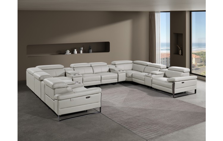 1246 - DivanItalia Light Grey 12-Piece U-Shaped Modular Power Reclining Sectional with 4 Power Recliners and Power Headrests - Top Grain Italian Leather