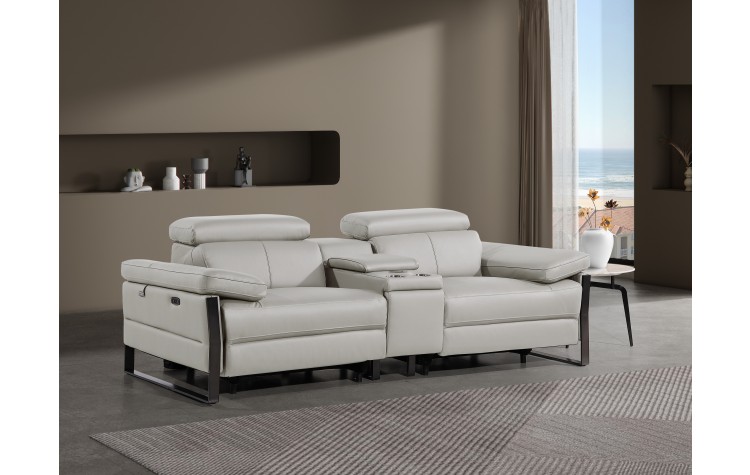 1246 - DivanItalia Light Grey Top Grain Italian Leather Console Loveseat with Power Headrest