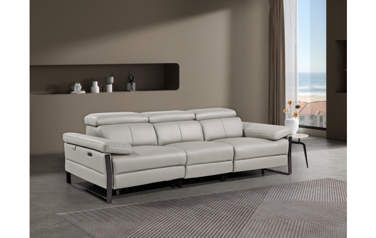 1246 - DivanItalia Light Grey Modular Power Triple Reclining Sofa with Power Reclining Headrests - Top Grain Italian Leather